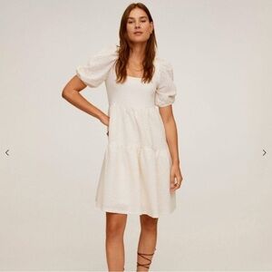 NWOT Mango Cream Floral Puff Sleeve Midi Dress. Size 8 Double lined.